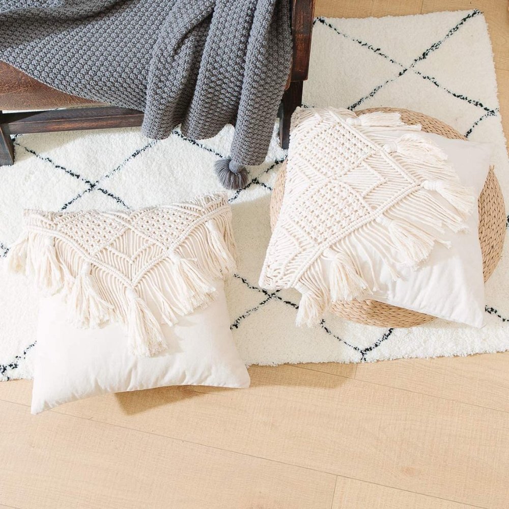 Tassel Macrame Throw Pillow Boho Indie Case Cushion Cover for Bed/Sofa/Patio - Picture 4 of 7